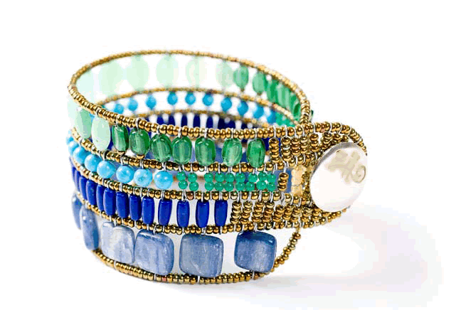 High-fashion Italian Ziio bracelet is handmade with semi-precious stones in shades of blue and green. Sterling silver button clasp.