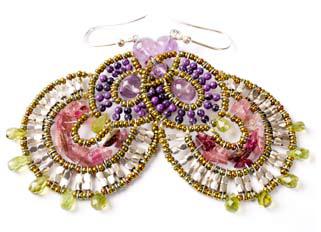 Chandelier Ziio earrings handmade with pink and purple semi-precious stones including amethysts and peridot