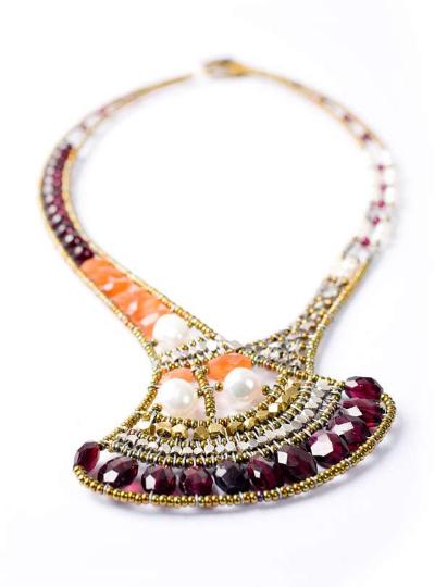 Ziio necklace is an artisan Italian statement necklace made with garnet, cornaline, pearls and sterling silver.