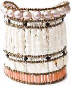 Wide statement Ziio bracelet is handmade in Italy with pink pearls, white baroque pearls and shades of coral and black.