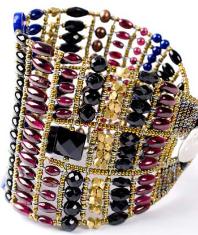 Wide, high-fashion Ziio bracelet handmade with garnets, black tourmaline and lapis lazuli