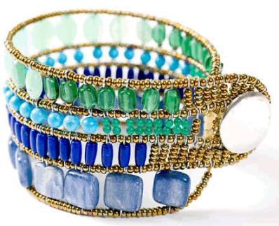 High-fashion Ziio bracelet handmade with chrysoprase, green agate, kyanite, lapis lazuli,  turquoise and sterling silver.