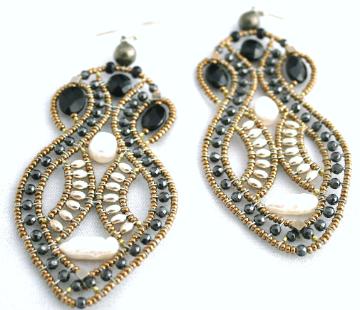 Long, high-fashion Ziio earrings made with pearls and black tourmaline