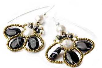 Ziio chandelier earrings made with pearls, sardonyx, hematite and silver