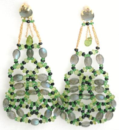 Fine chandelier earrings handmade in Italy with 18K gold, peridot, labradorite, tsavorite, spinels and diamonds